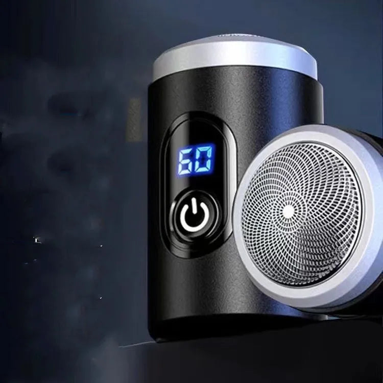 Black mini portable rechargeable shaver with USB cable and cleaning brush on a white background
