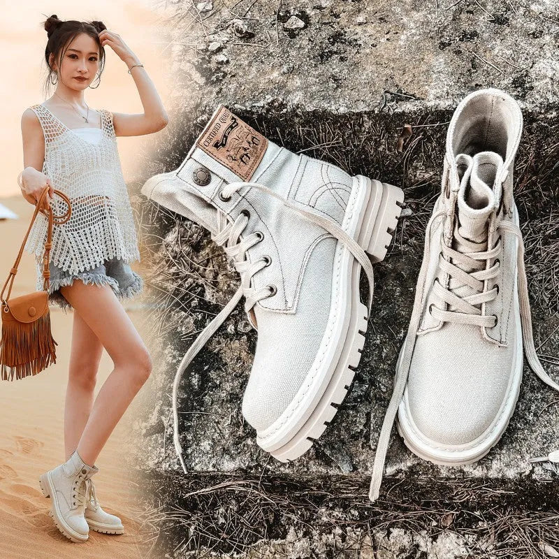 Women's retro denim Martin boots with thick rubber sole, square low heel, front lace-up, light blue or creamy white