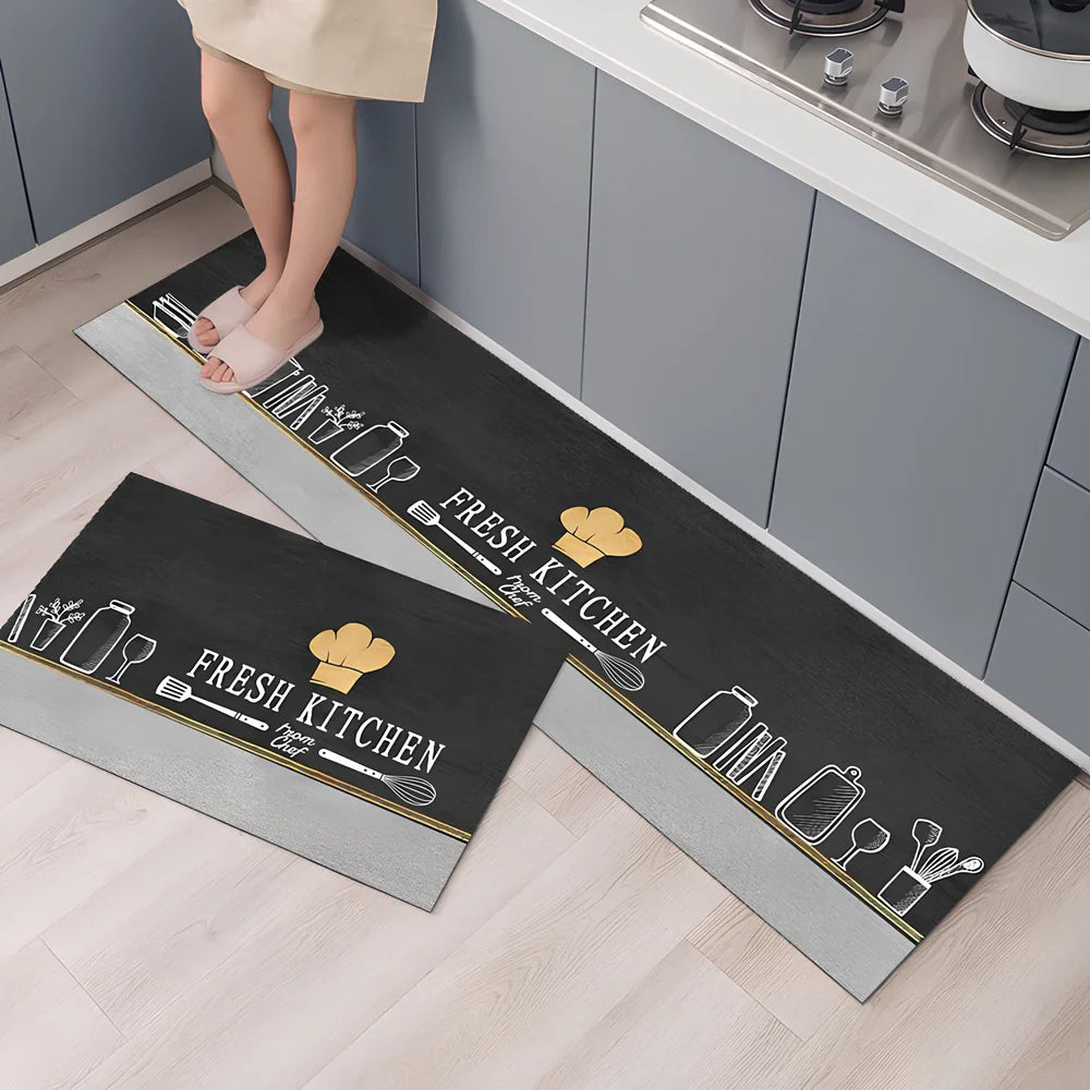 Rectangular polyester kitchen floor mat with machine-woven texture in modern design