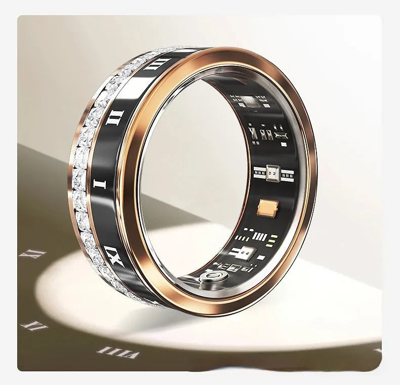 Gold and silver diamond-inlaid smart ring for blood oxygen monitoring on a finger.