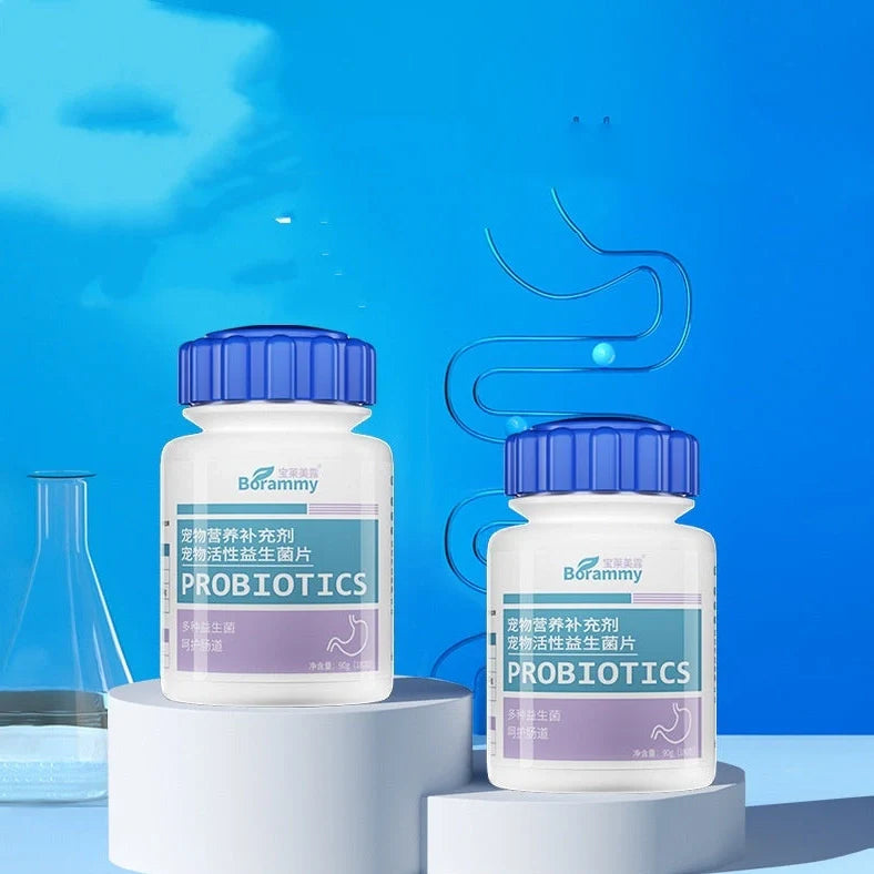 Bottle containing 180 chewable probiotic tablets for pet digestive health, each tablet measuring 1.5cm