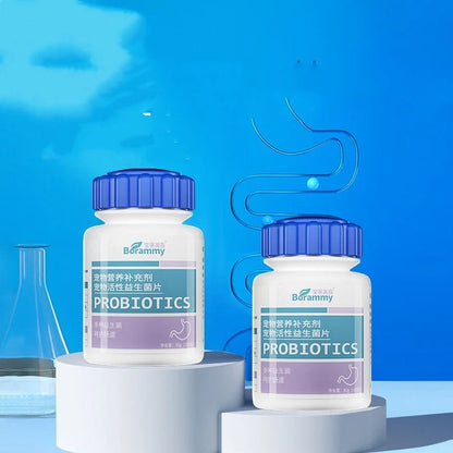 Bottle containing 180 chewable probiotic tablets for pet digestive health, each tablet measuring 1.5cm