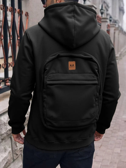 Men's loose-fit hoodie cardigan sweater with back schoolbag design and stick pocket in light grey, black and blue.