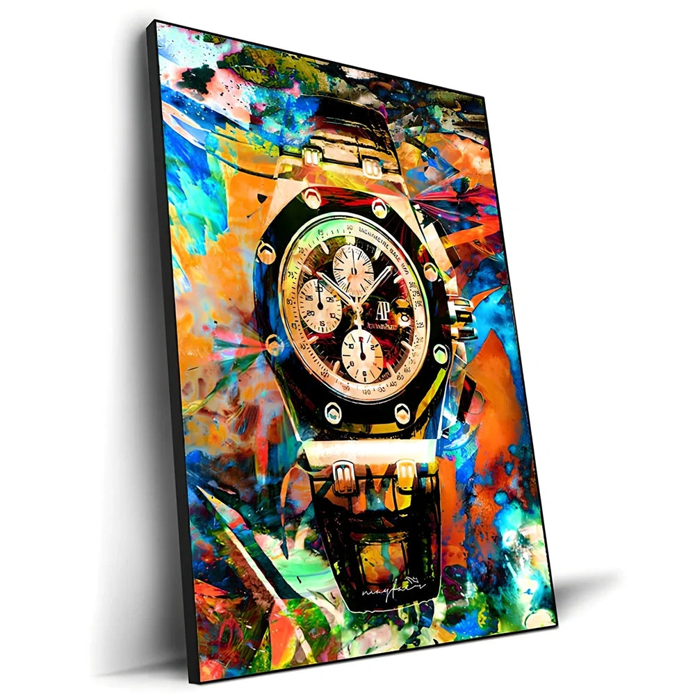 Spray-painted watch graffiti canvas art on oil painting cloth with white border