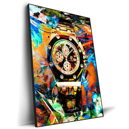 Spray-painted watch graffiti canvas art on oil painting cloth with white border