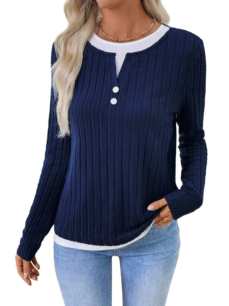 Women's concave stripe pullover sweater with fake two-piece design and button front in street fashion style