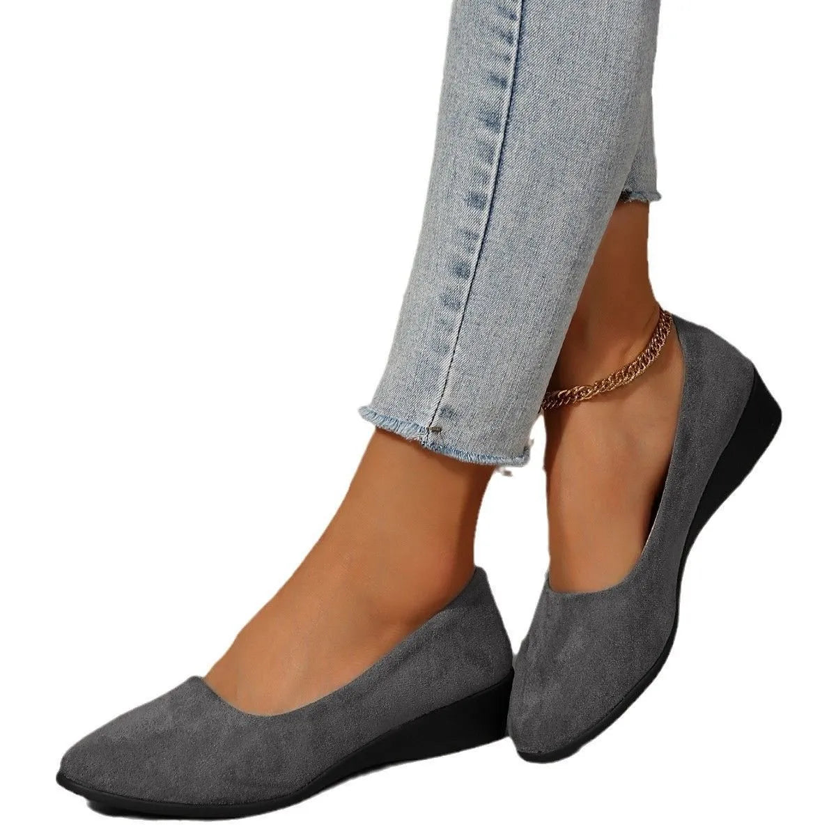 Women's black pointed toe wedge pumps with suede upper and low rubber sole