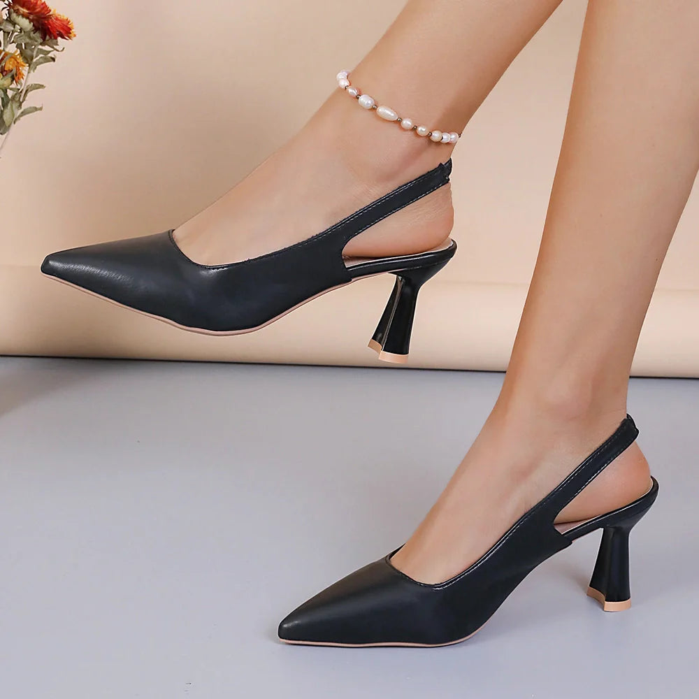 Baotou slingback sandals with pointed toes and elastic band closure in black, creamy-white, or apricot