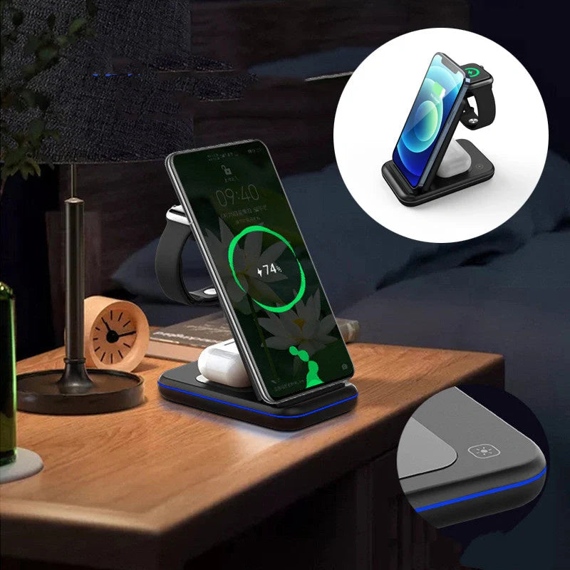 Folding Three-in-One Wireless Charger with smart cooling fan in black