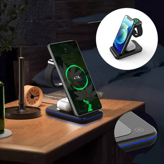 Folding Three-in-One Wireless Charger with smart cooling fan in black