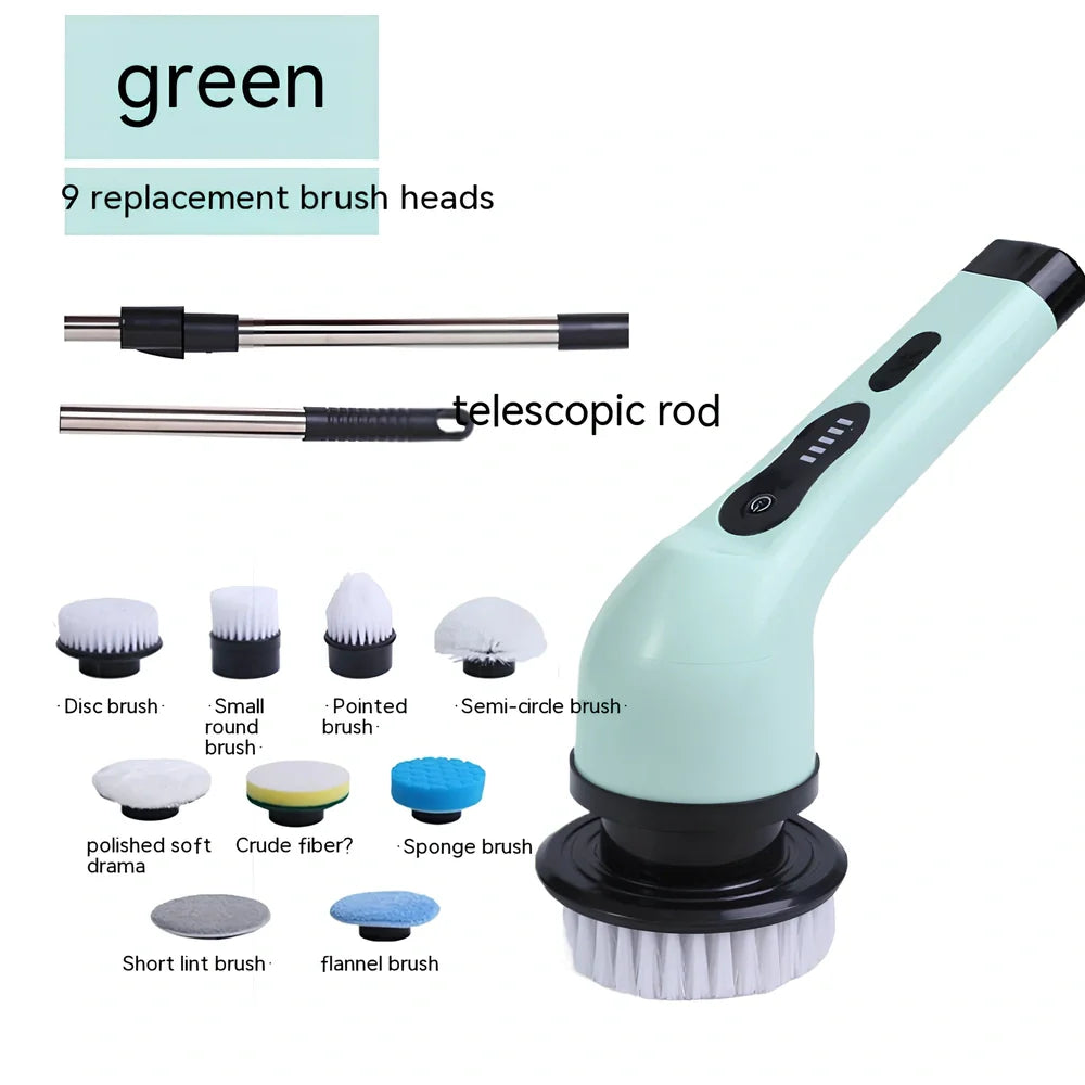 Handheld electric cleaning brush with rotating heads in white or green colours