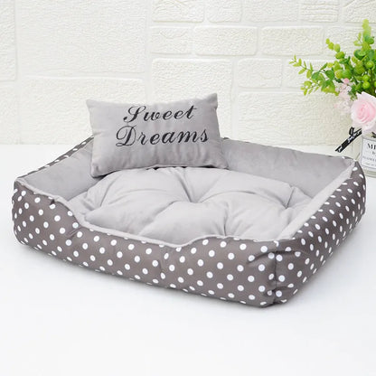 Polka dot printed dog bed with matching square pillow in rose red, lake blue, pink, or grey colours