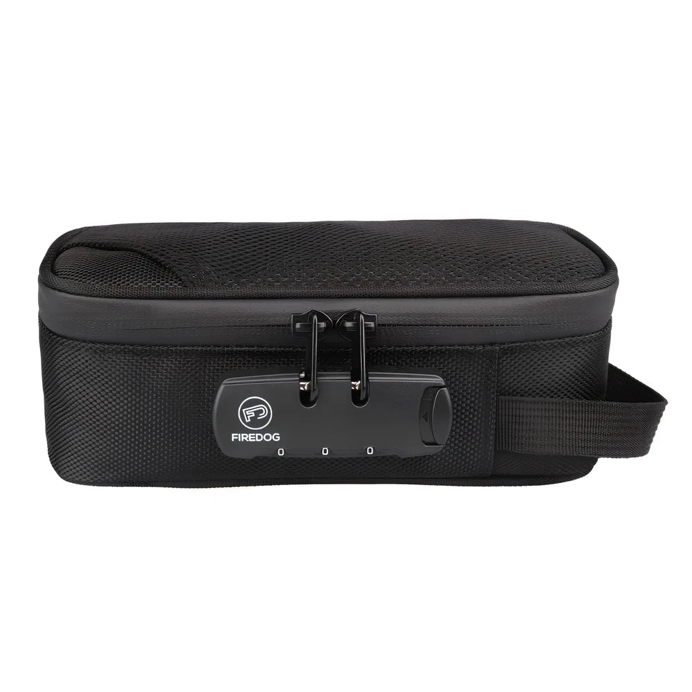 Black 20x10x7.2cm smell proof bag with lock, activated carbon lining and internal pockets for odour-free storage