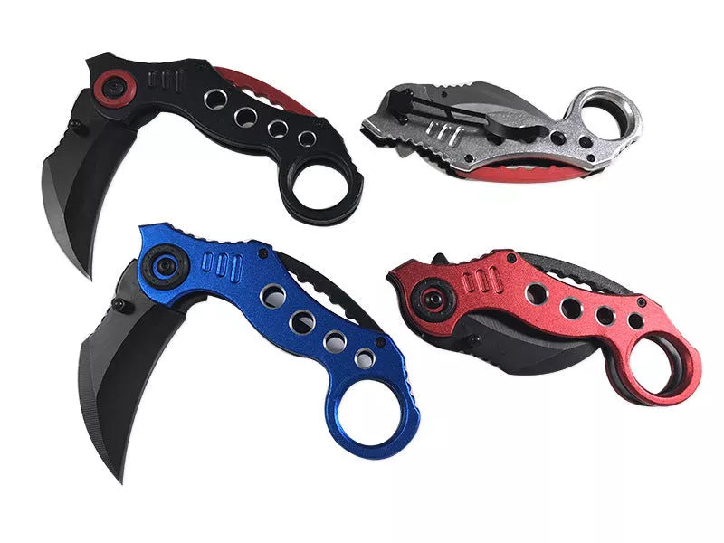 Stainless Steel Outdoor Folding Claw Knife with black, blue, and red handle options