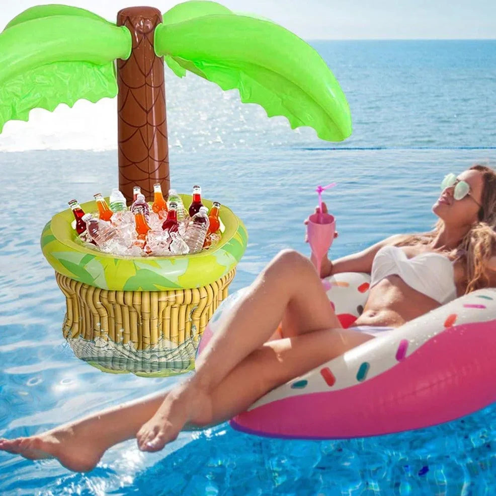 Green inflatable palm tree shaped cooler with coconut details holding beer bottles and ice