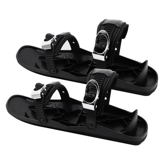 Mini short ski skates for snowboarding in black, featuring adjustable fixers and a 10 cm turning radius.