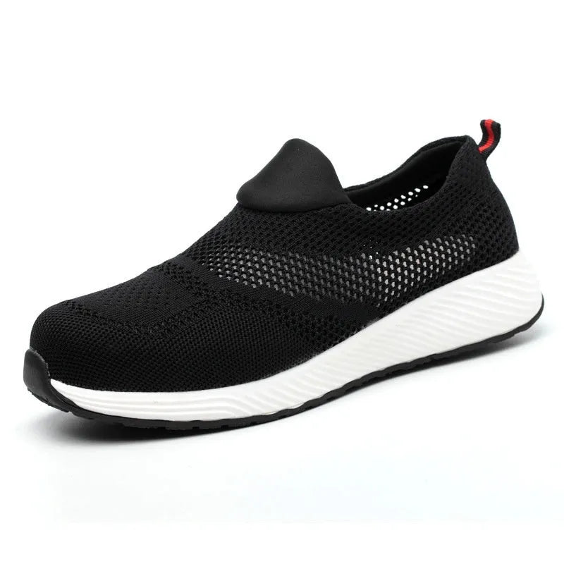 Men's lightweight steel toe work shoes with mesh upper in black blue red colours