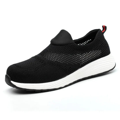Men's lightweight steel toe work shoes with mesh upper in black blue red colours