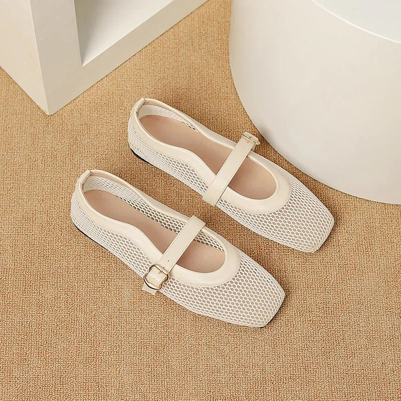 Women's beige mesh summer pump with square toe, flat heel, and buckle closure on a white background.