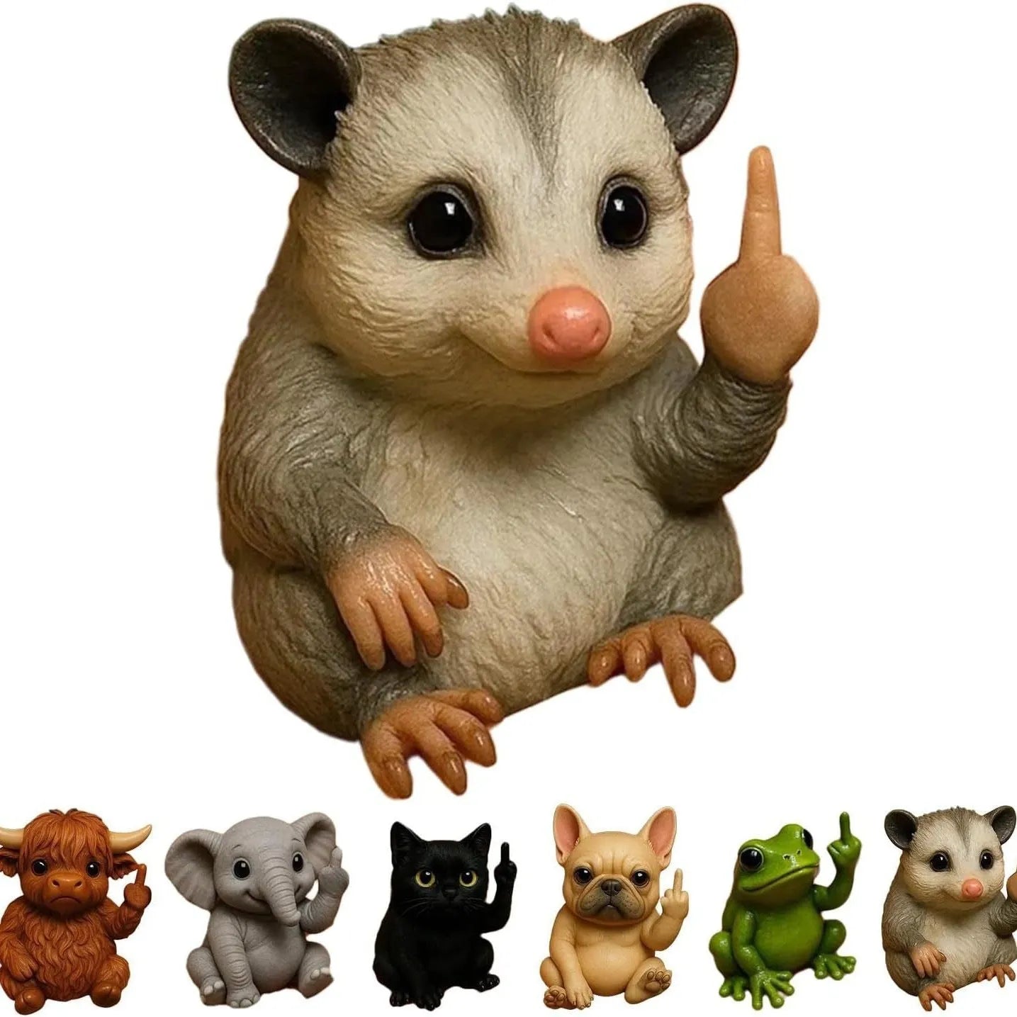 Mini resin animal doll with middle finger gesture, 6-7cm tall, in cat, dog, elephant, frog, Highland cattle, mouse, or turtle design