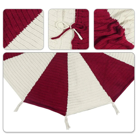 Red and white knitted Christmas tree skirt measuring 122cm square with tassel decoration