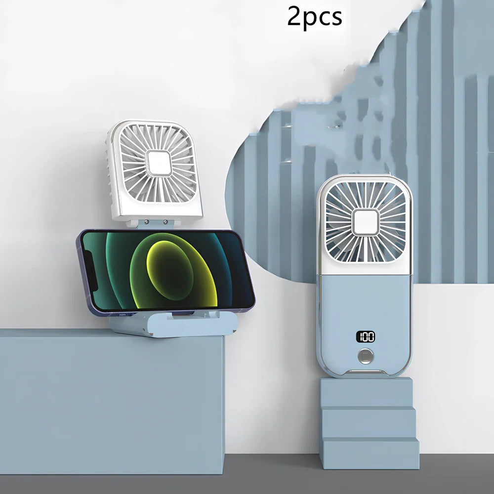 F30Pro folding portable handheld fan in white with digital display, 169x81x20mm size, USB charging, plastic blades for cooling