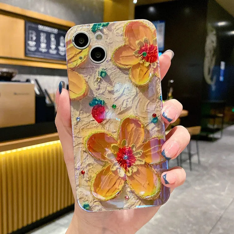 Purple soft rubber phone case with epoxy oil painting flower and blue diamond inlay design