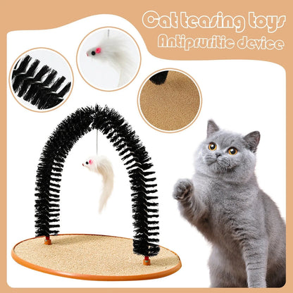 Black arch-shaped cat grooming brush with scratching fibre and an attached mouse toy on a non-slip base