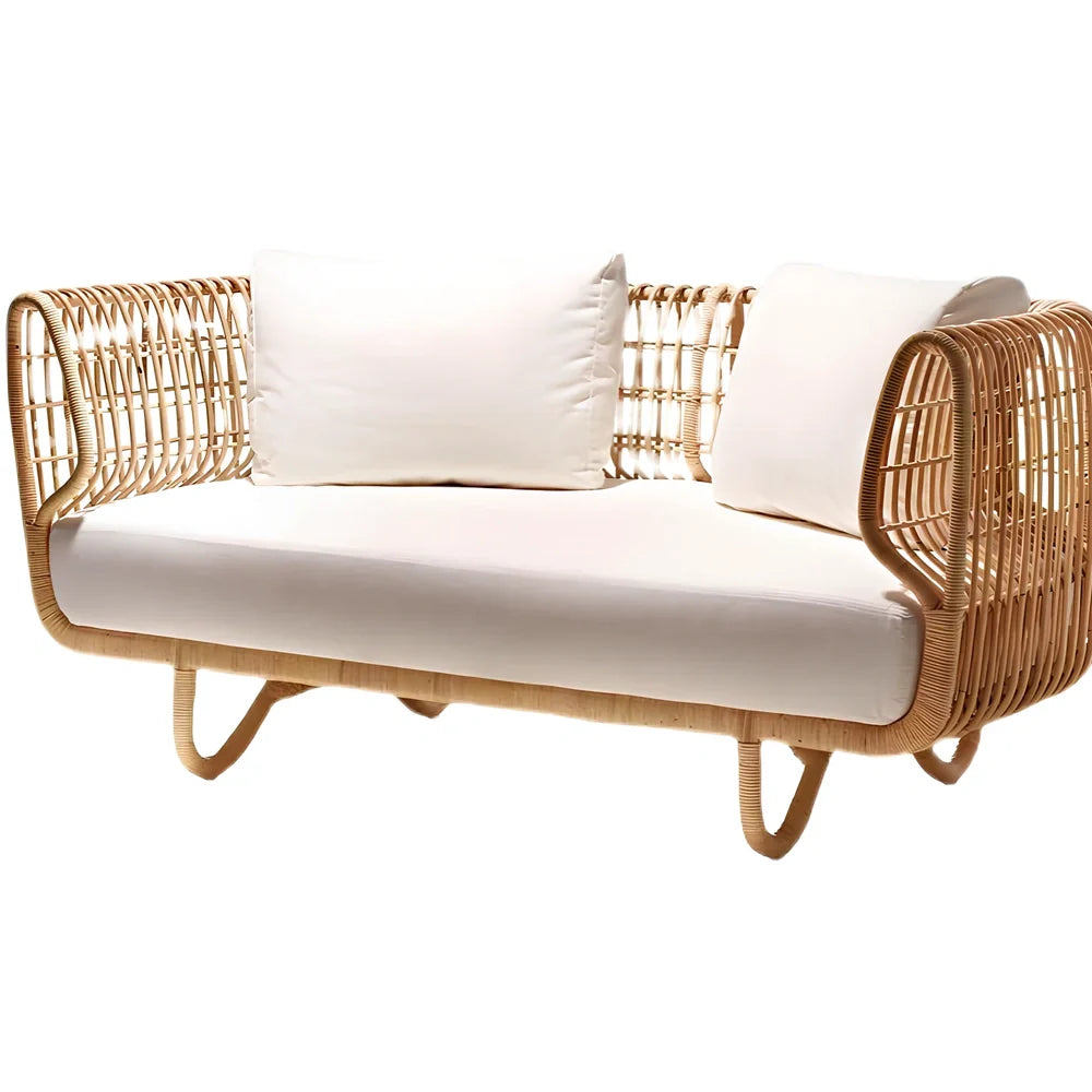 Outdoor woven rattan furniture set with sponge cushions showing chair, sofa, and tea table configuration options