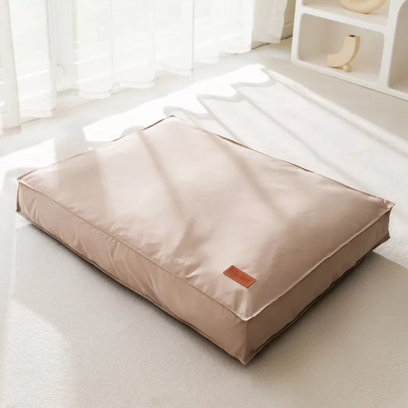 Waterproof dog bed with memory cloth and non-slip bottom in high-grade gray, kaki brown, and lovely pink