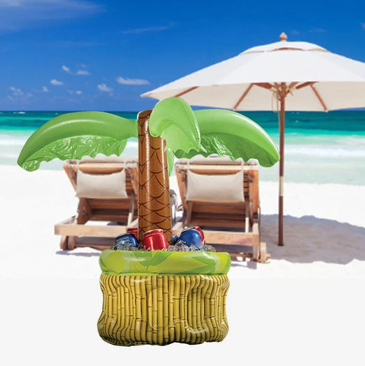 Green inflatable palm tree shaped cooler with coconut details holding beer bottles and ice