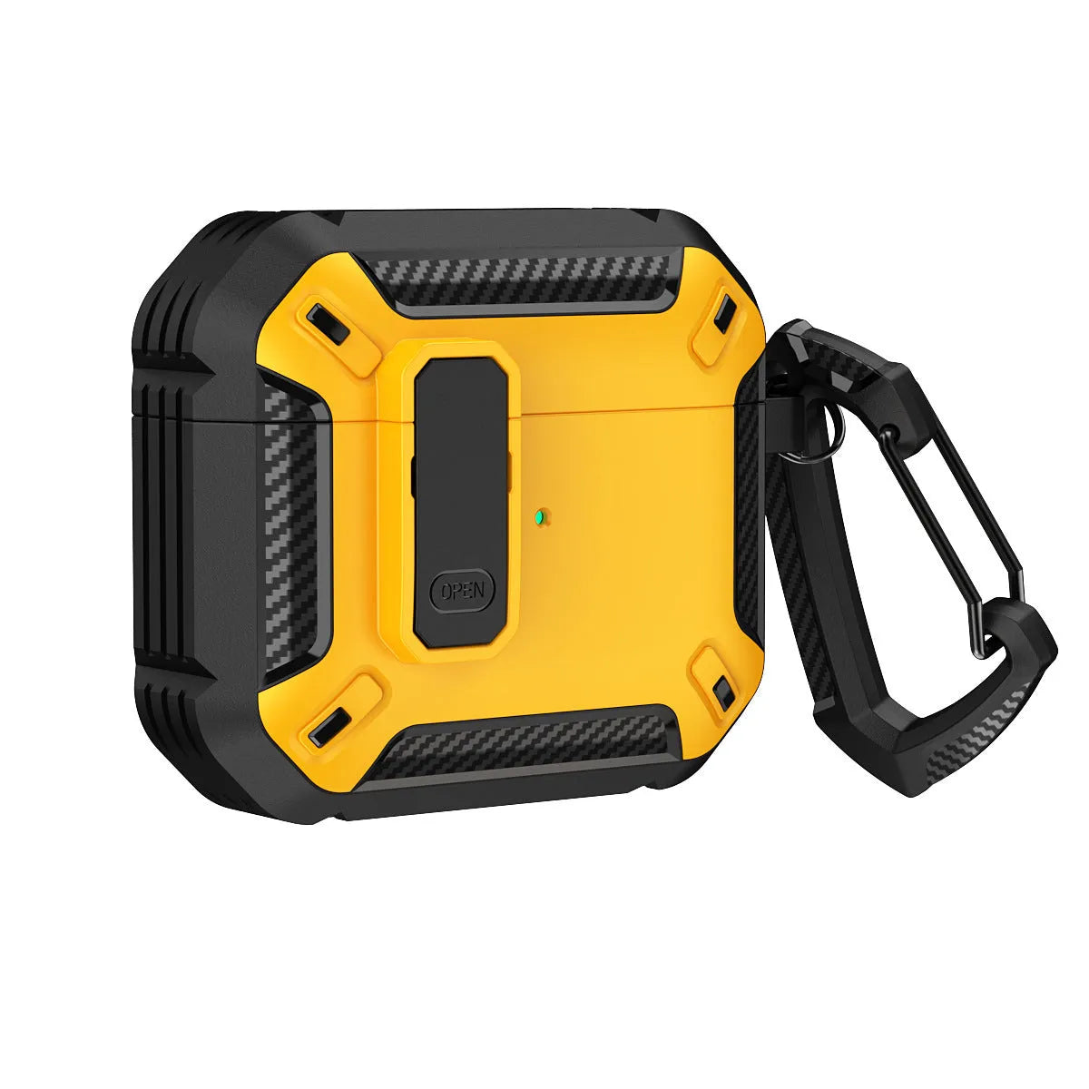 Hard black and yellow plastic clamshell case for AirPods with a silver metal carabiner hook attached.