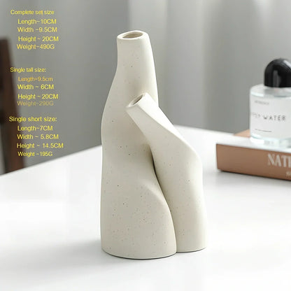 Nordic double shaped ceramic vase set in cream colour on wooden shelf, 20-25cm height for home decoration