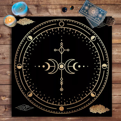 Nordic style tarot tablecloth with mandala, moon phase, floral, and butterfly designs