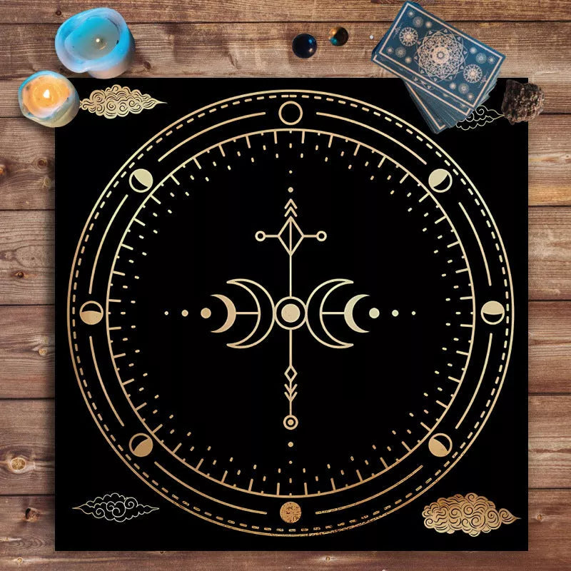Nordic style tarot tablecloth with mandala, moon phase, floral, and butterfly designs