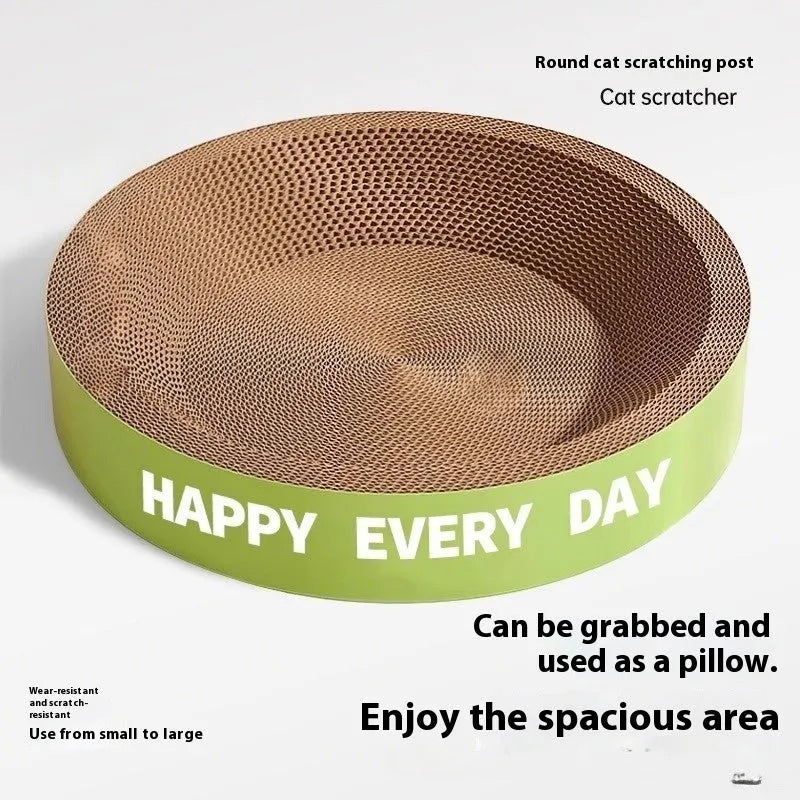 A green round sisal fibre cat scratching board bed, showing its 50cm diameter and central nesting hollow.