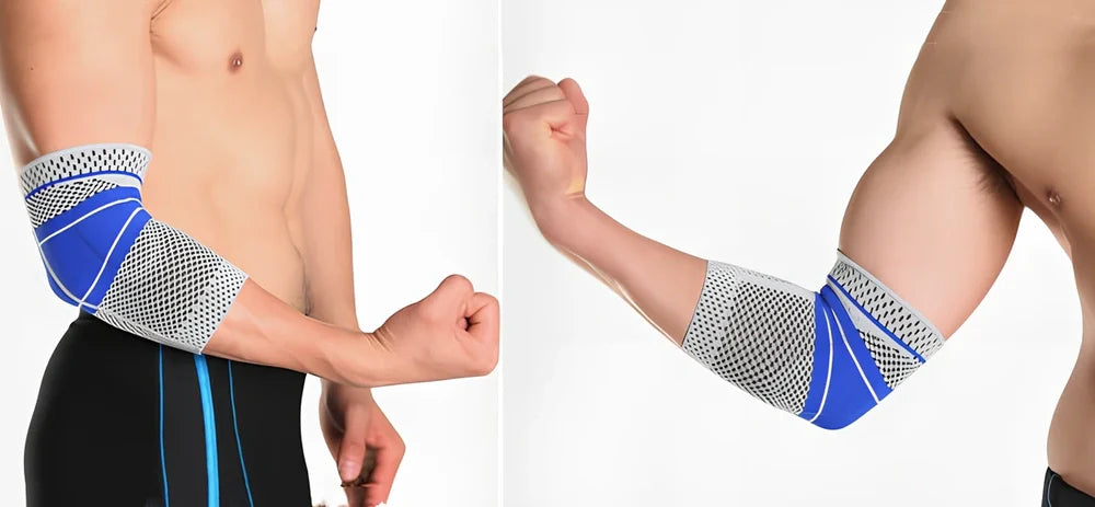 Grey knitted sports elbow pads with 3D compression fabric for basketball and badminton