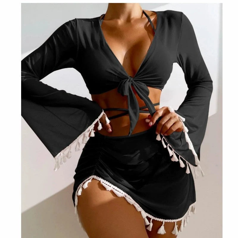 4-piece solid color bikini set with skirt and long sleeve cover-up