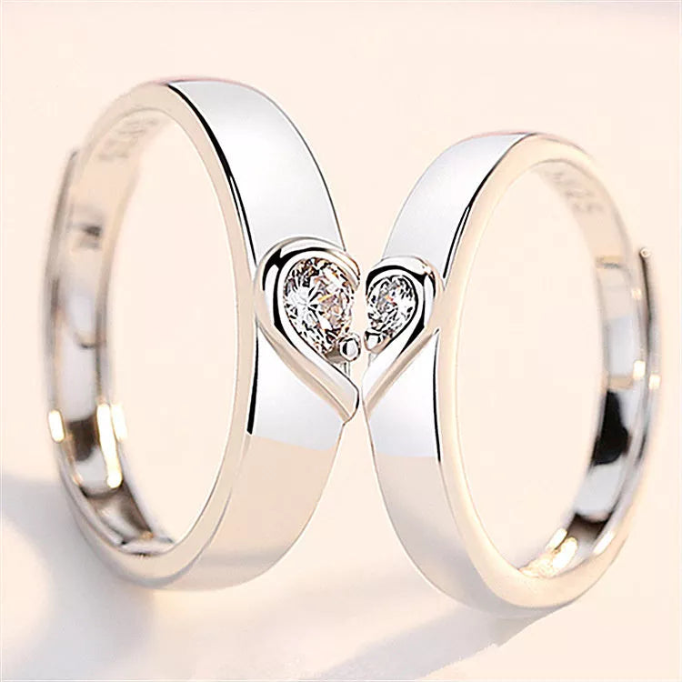 Silver heart diamond ring for couples, electroplated copper with romantic design