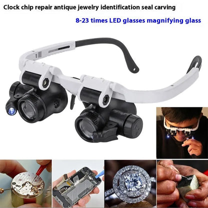 White head-mounted magnifying glass with adjustable band, 30mm lenses, and foldable design for circuit board repair