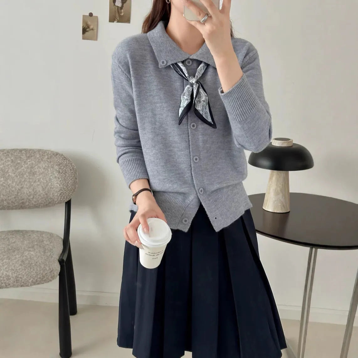 Lazy Fashion Lapel Scarf Sweater in cardigan style with splicing details and long sleeves