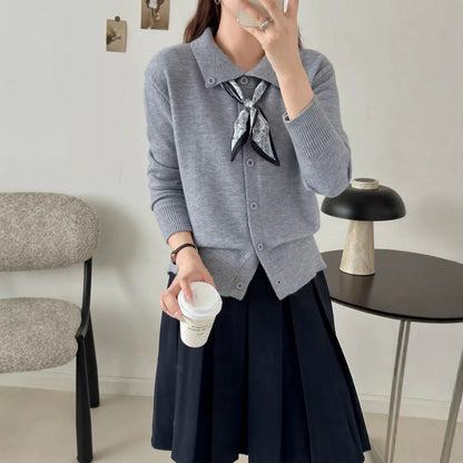 Lazy Fashion Lapel Scarf Sweater in cardigan style with splicing details and long sleeves