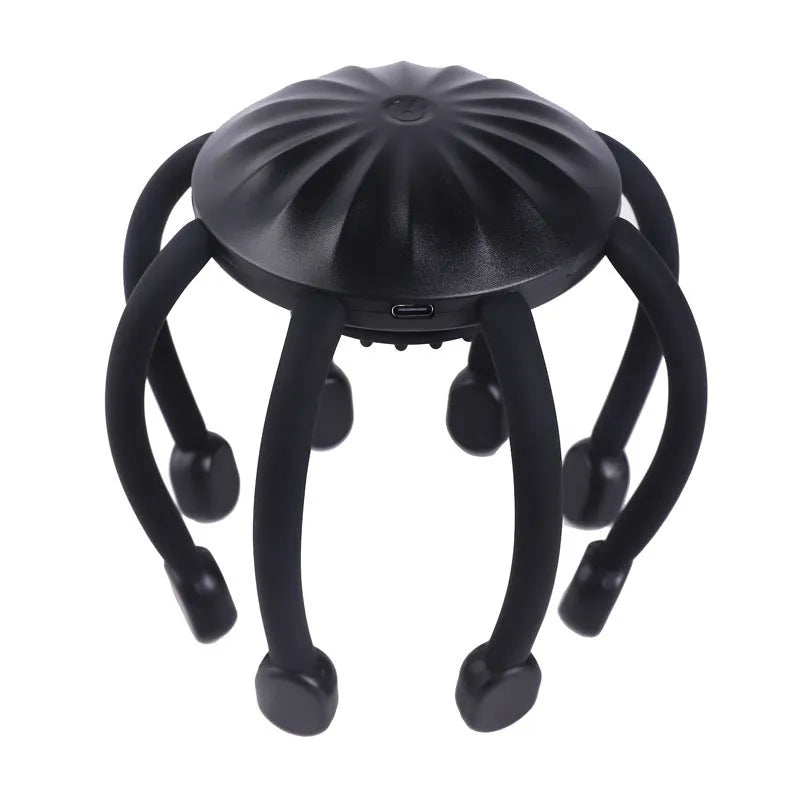 USB-powered handheld head massager with multiple flexible claws in black colour.