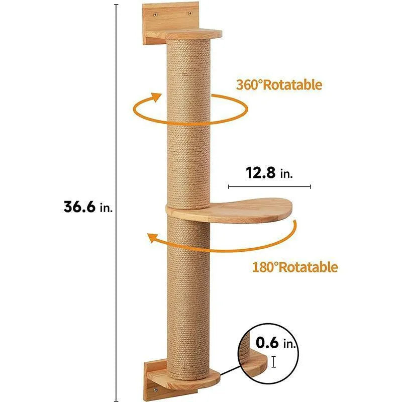 Wooden cat climbing frame with wall-mounted jumping platform and flax grab post in natural wood colour