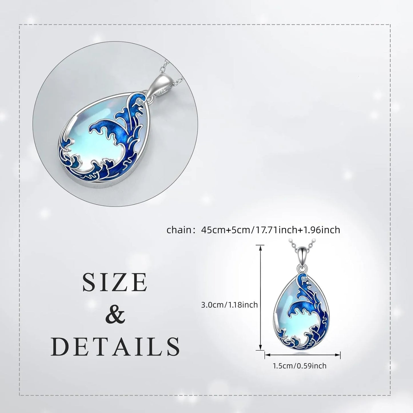 Blue heart-shaped alloy pendant necklace on adjustable 45-50 cm chain