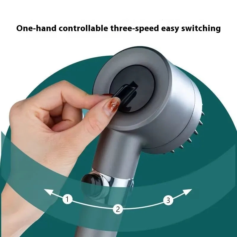 Portable handheld ABS plastic massage shower head with three spray mode settings on a white background.