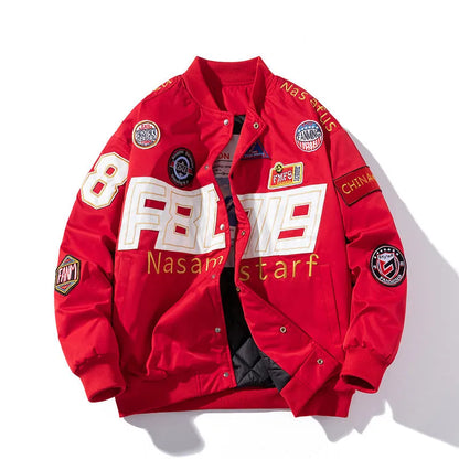 American motorcycle baseball uniform jacket with removable hood and side seam pockets in black colour