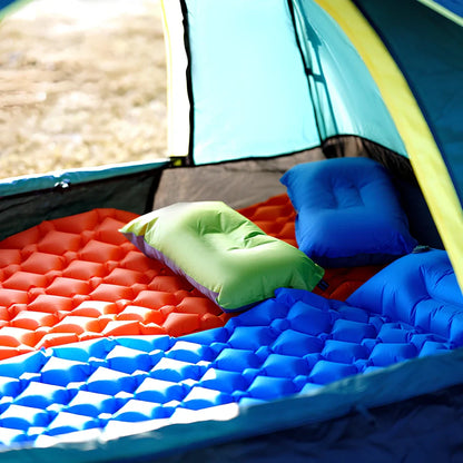 LT-88 navy blue inflatable sleeping pad showing 190cm length and integrated foot strap pillow design