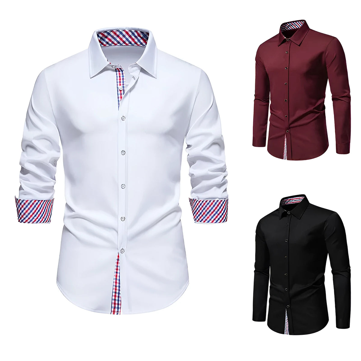 Men's loose fit plaid long-sleeved shirt in polyester blend fabric available in three colours
