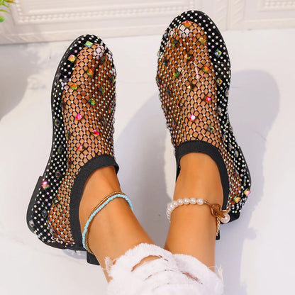 Women's flat sandals with mesh upper, colourful rhinestones, and rubber sole in sizes 35-43